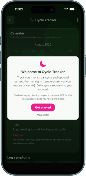 Pocket Power app showing free period and cycle tracker
