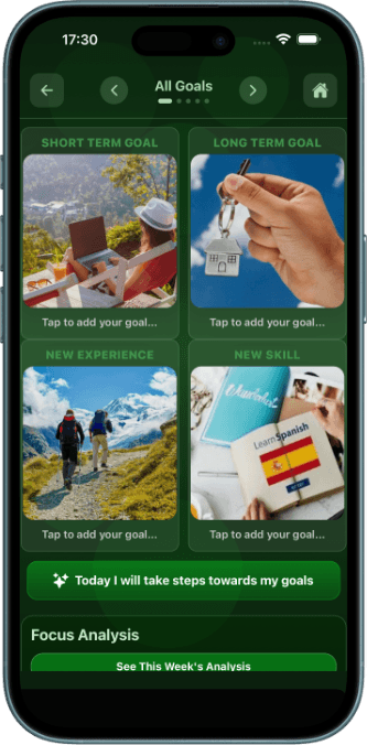 Pocket Power app showing Focus Board goals and priorities