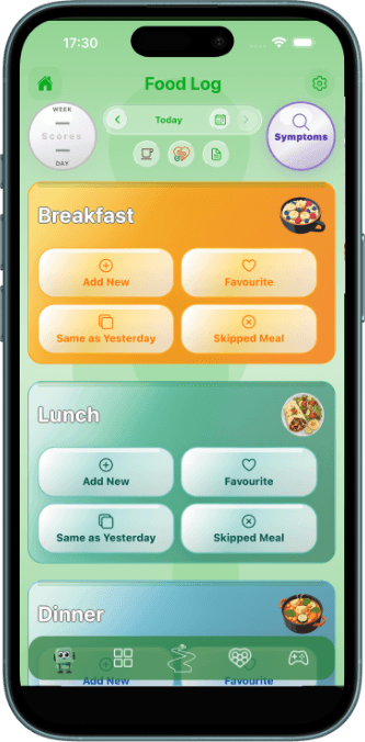 Pocket Power app showing food log and meal tracking