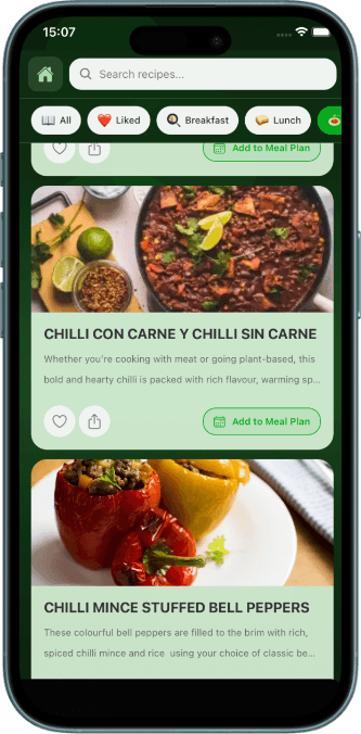 Pocket Power app showing recipes and The Kitchen meal inspiration