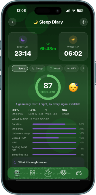 Pocket Power app showing sleep diary and sleep quality score
