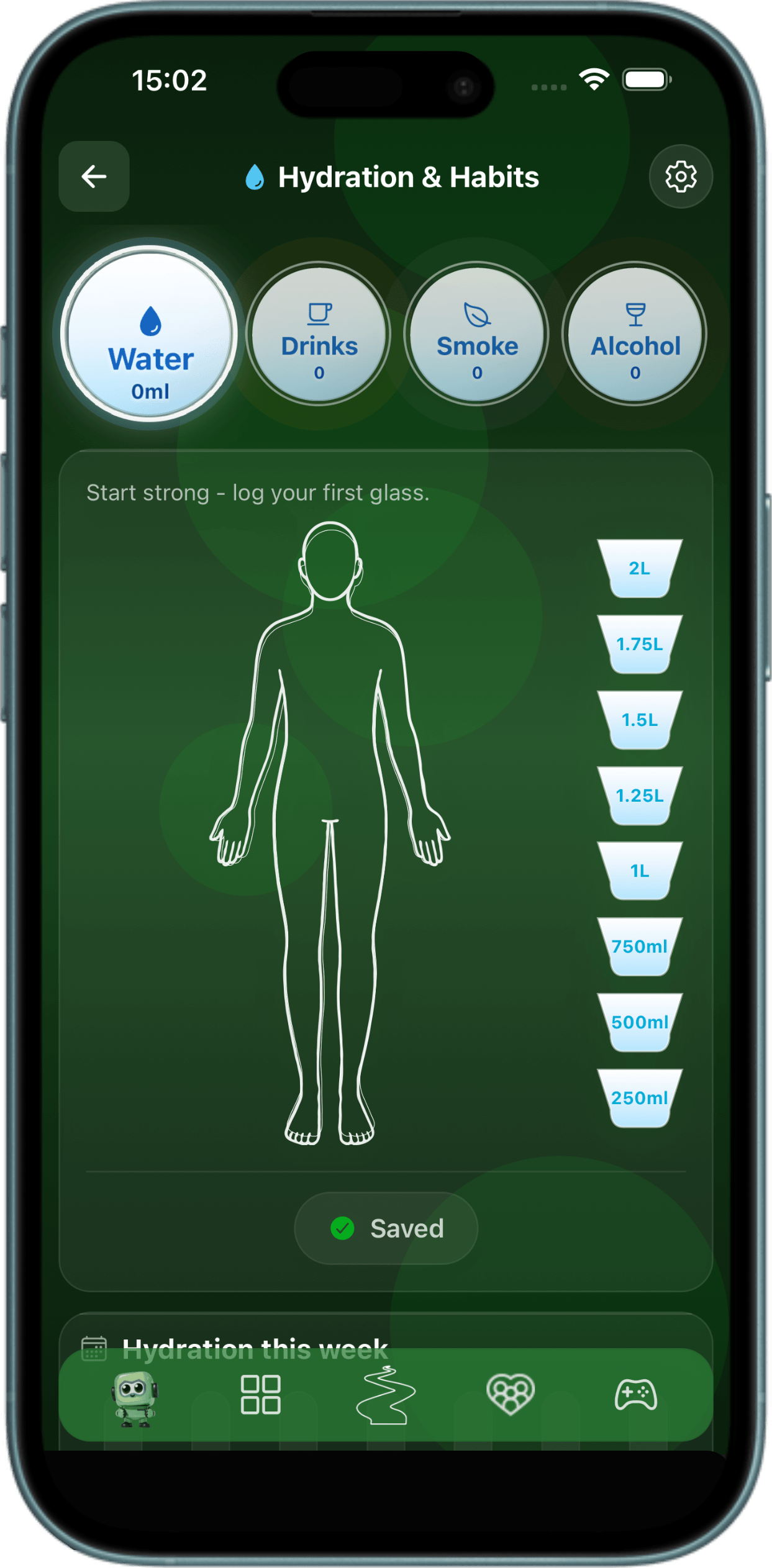 Pocket Power app showing water, drinks and lifestyle tracking