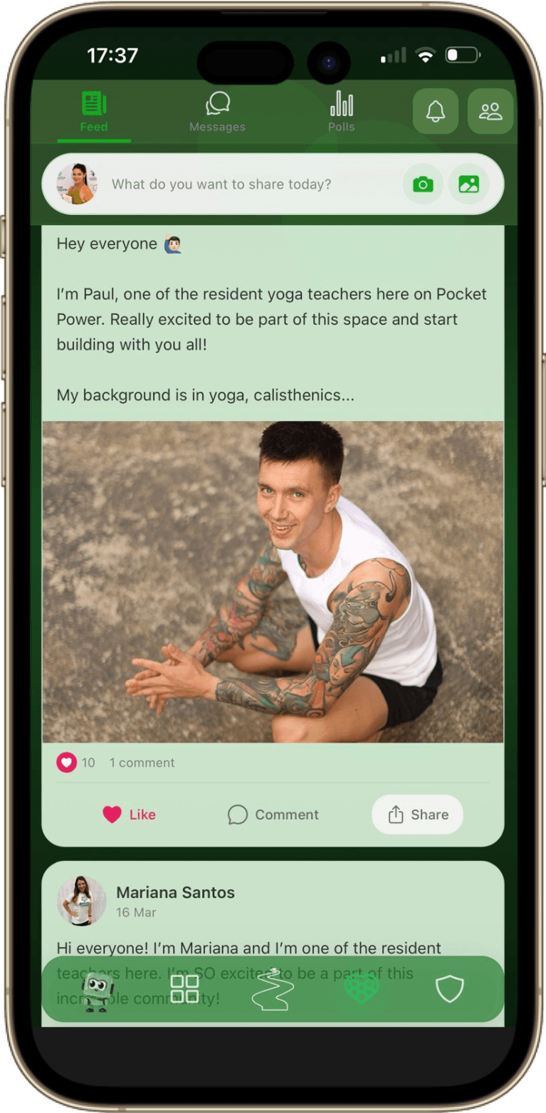 Pocket Power app showing community groups and social features