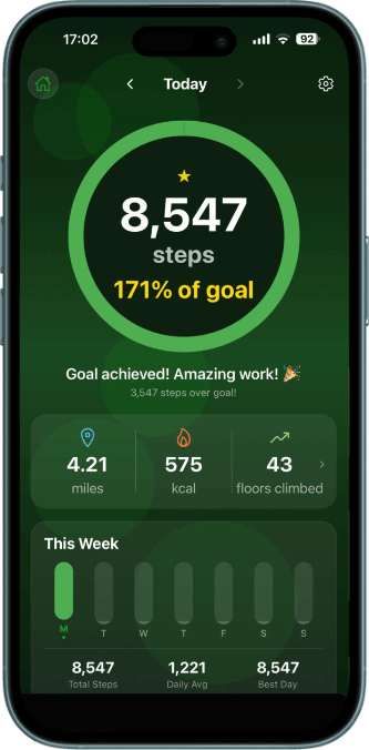 Pocket Power app showing daily step count and activity tracking