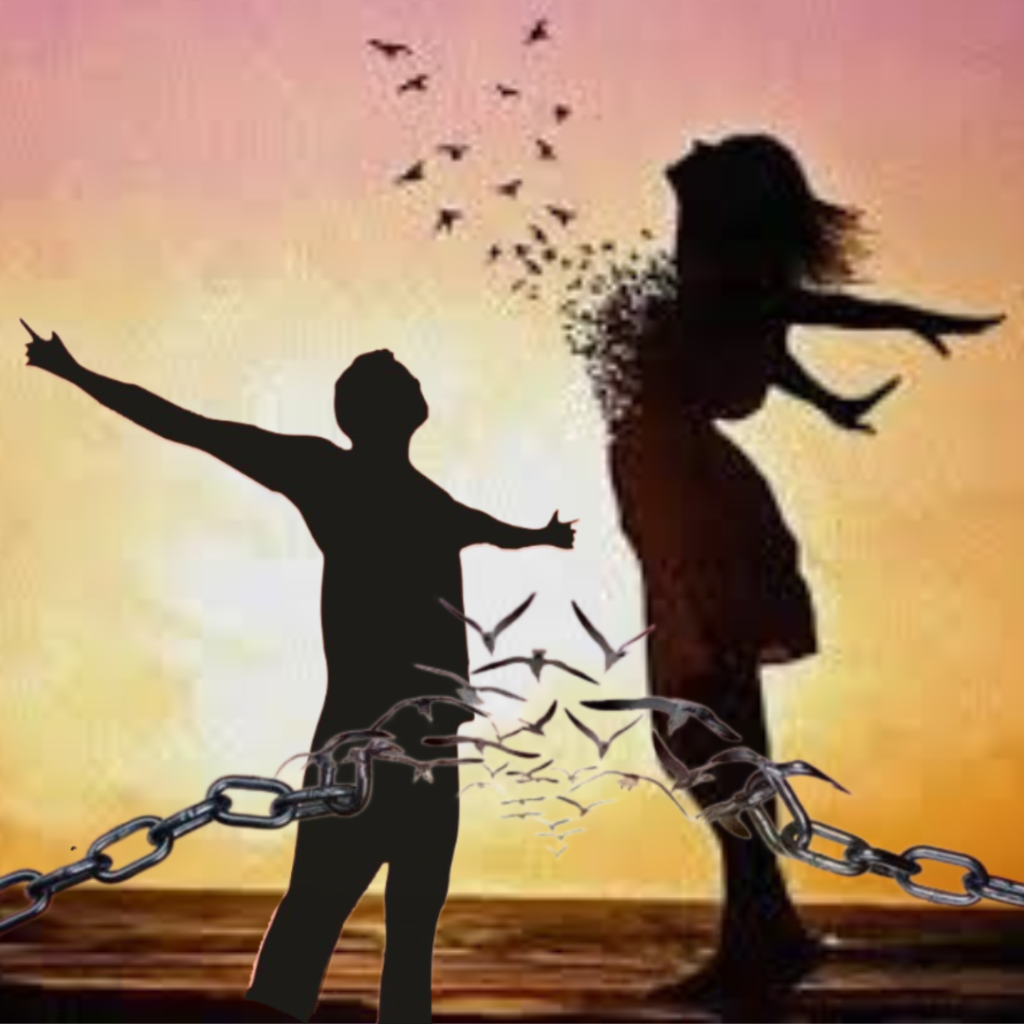 Picture showing man and woman breaking free from the chains of stress