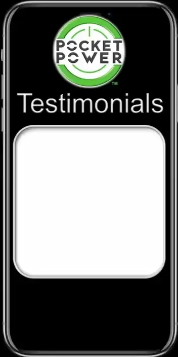 Animated testimonials on a mobile phone screen showcasing user success stories with Pocket Power, the award-winning Wellness App of the Year 2025/2026.