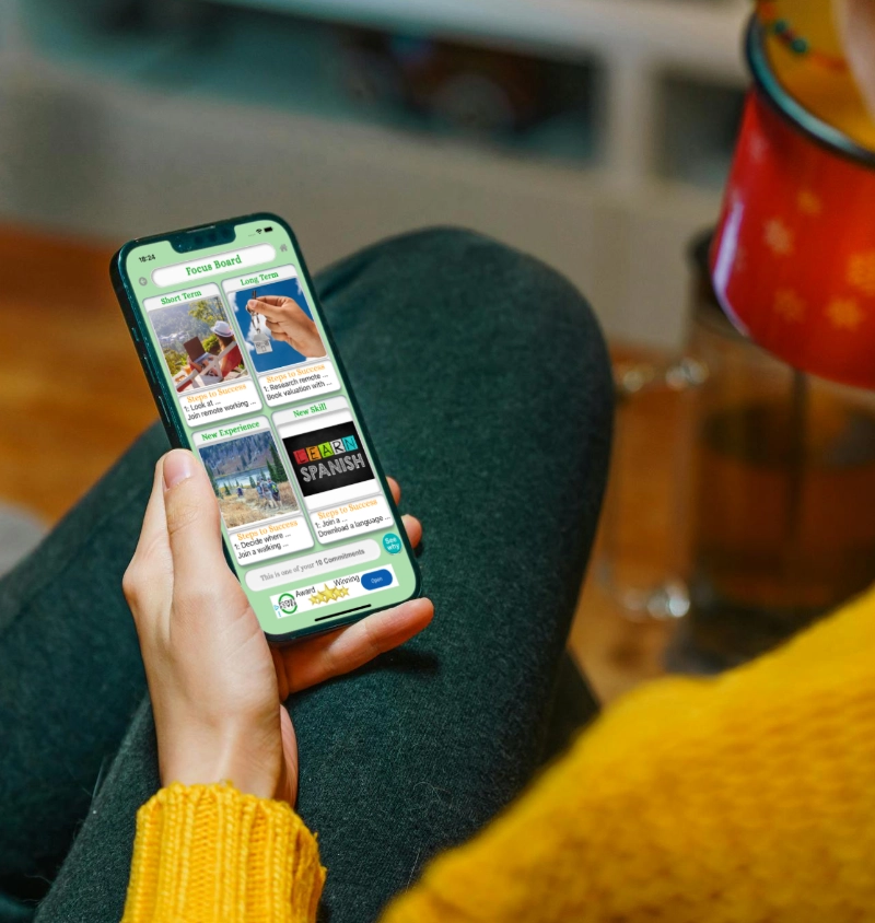 Man listening with headphones while using the Pocket Power psychology-driven programme on his phone, showing the guided pathway and audio tools for habit change