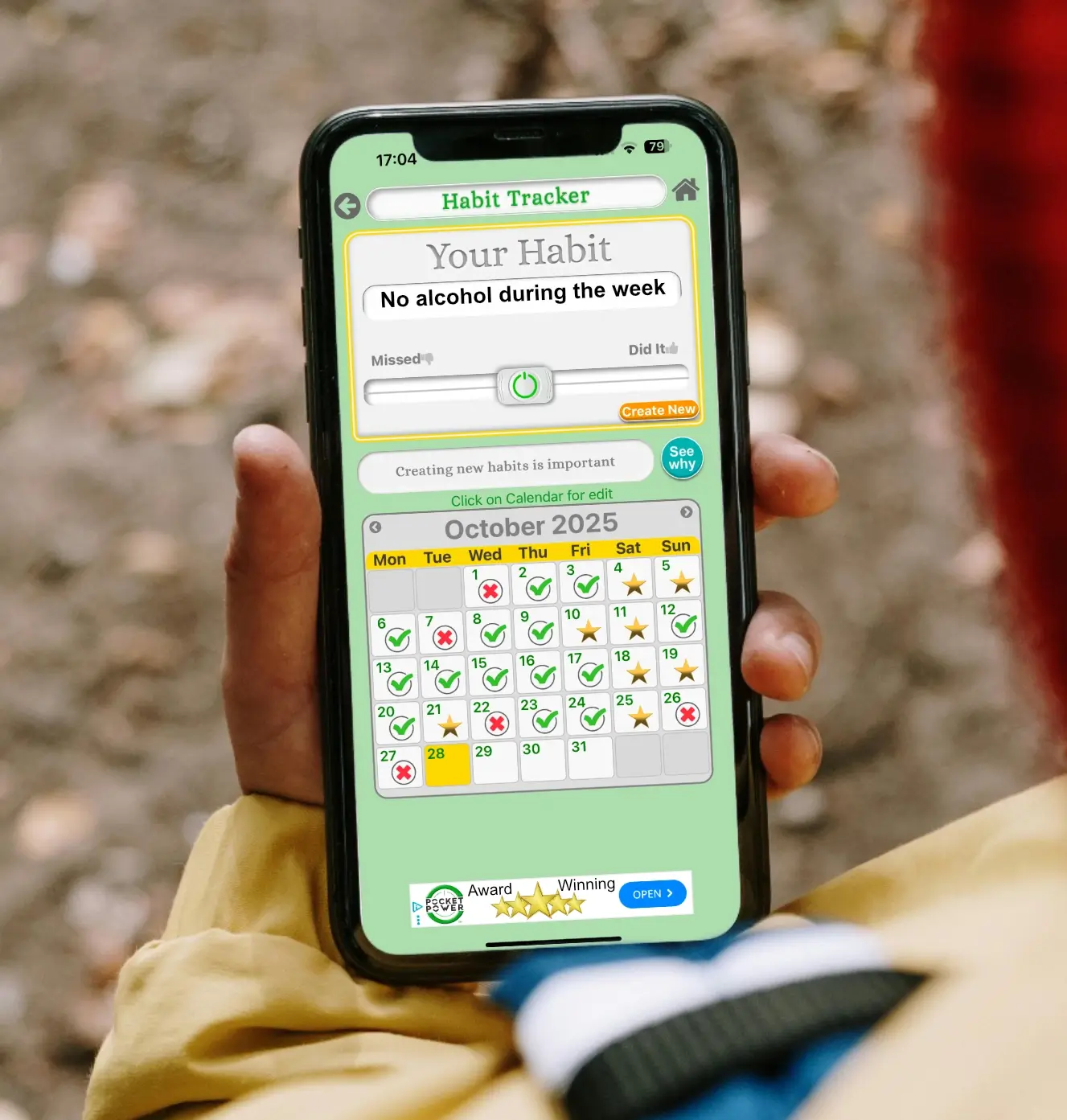 Woman with arms open to the sky, embracing growth and success, with a screenshot of the Pocket Power habit tracker showing daily streaks and progress