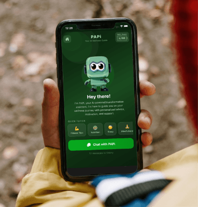 Woman with arms open to the sky, embracing growth and success, with a screenshot of the Pocket Power habit tracker showing daily streaks and progress